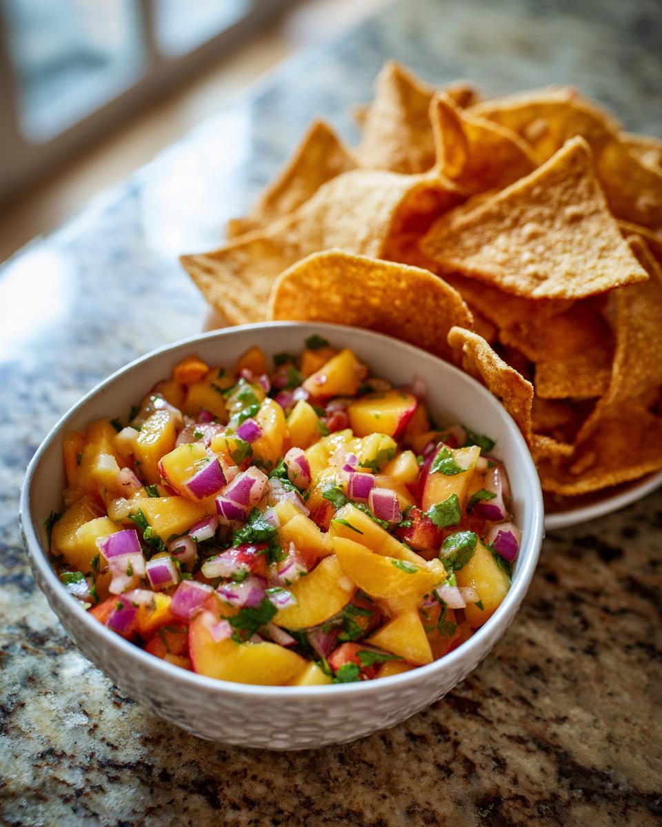 A bowl of fresh peach salsa with chopped peaches, red onion, and cilantro, next to a pile of cinnamon chips.