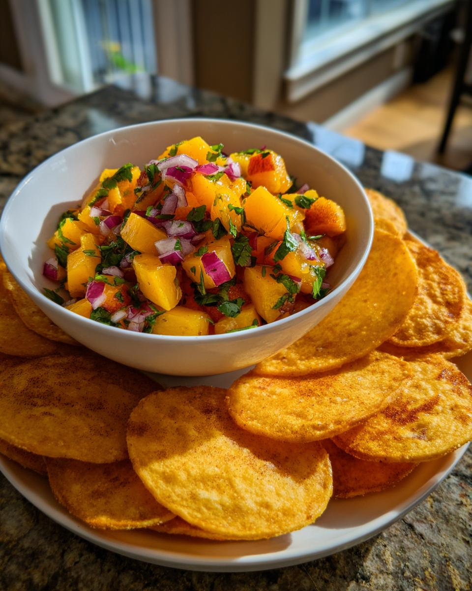 A bowl of fresh peach salsa with diced peaches, red onion, and cilantro, served with cinnamon chips.