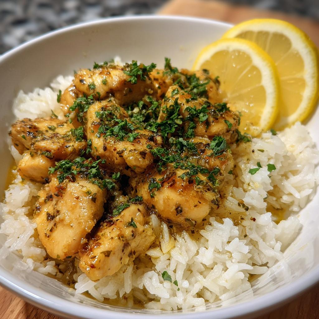 A close-up of a white bowl filled with fluffy white rice topped with golden brown garlic butter chicken pieces and fresh parsley, garnished with lemon slices.