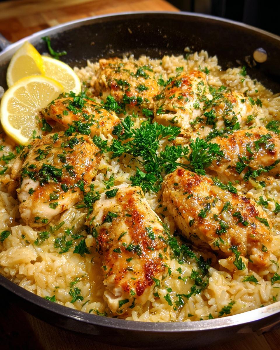 Close-up of pan-fried chicken pieces with garlic butter sauce served over fluffy rice, garnished with parsley and lemon slices.