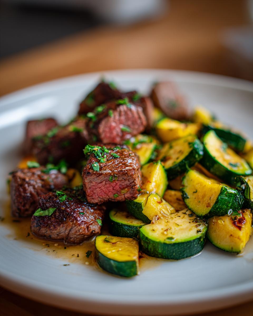 Close-up of tender garlic butter steak bites served with sautéed zucchini slices, garnished with fresh herbs.