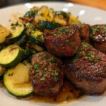 Close-up of tender garlic butter steak bites served with sautéed zucchini slices, garnished with fresh parsley.