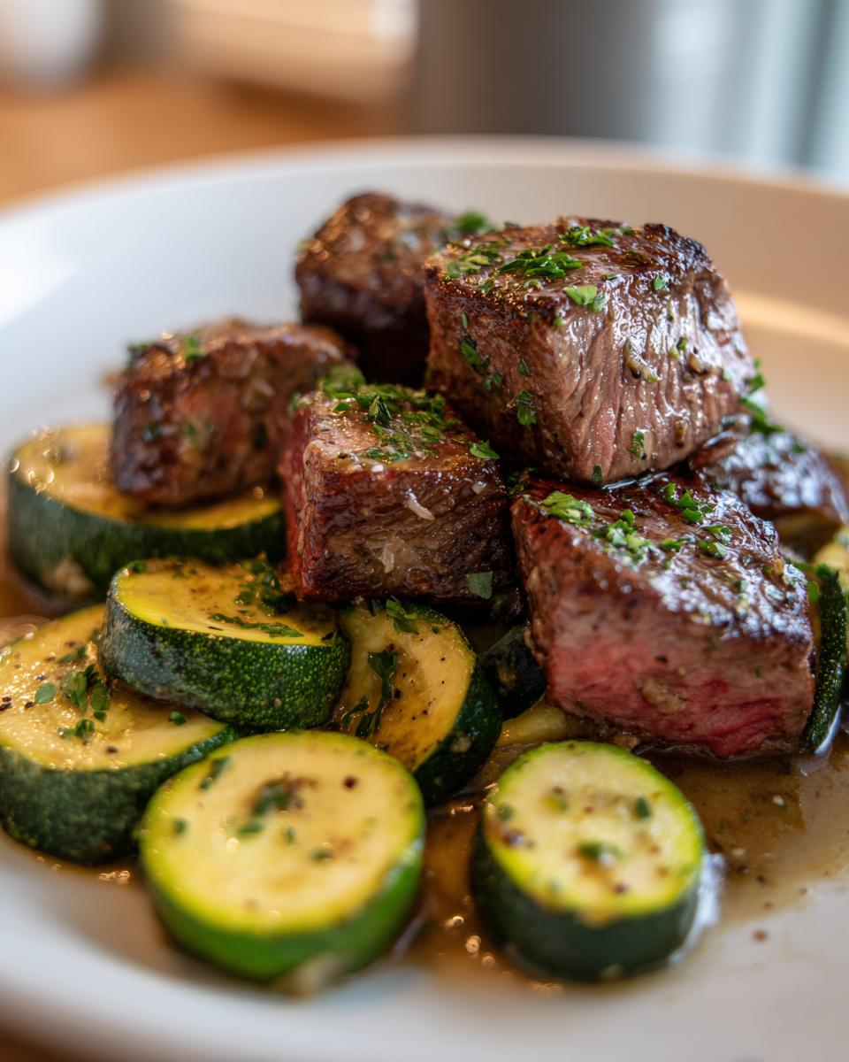 A plate of juicy garlic butter steak bites served with sautéed zucchini slices, garnished with fresh parsley.