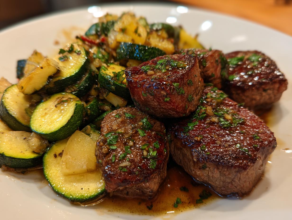 Close-up of tender garlic butter steak bites served with sautéed zucchini slices, garnished with fresh parsley.