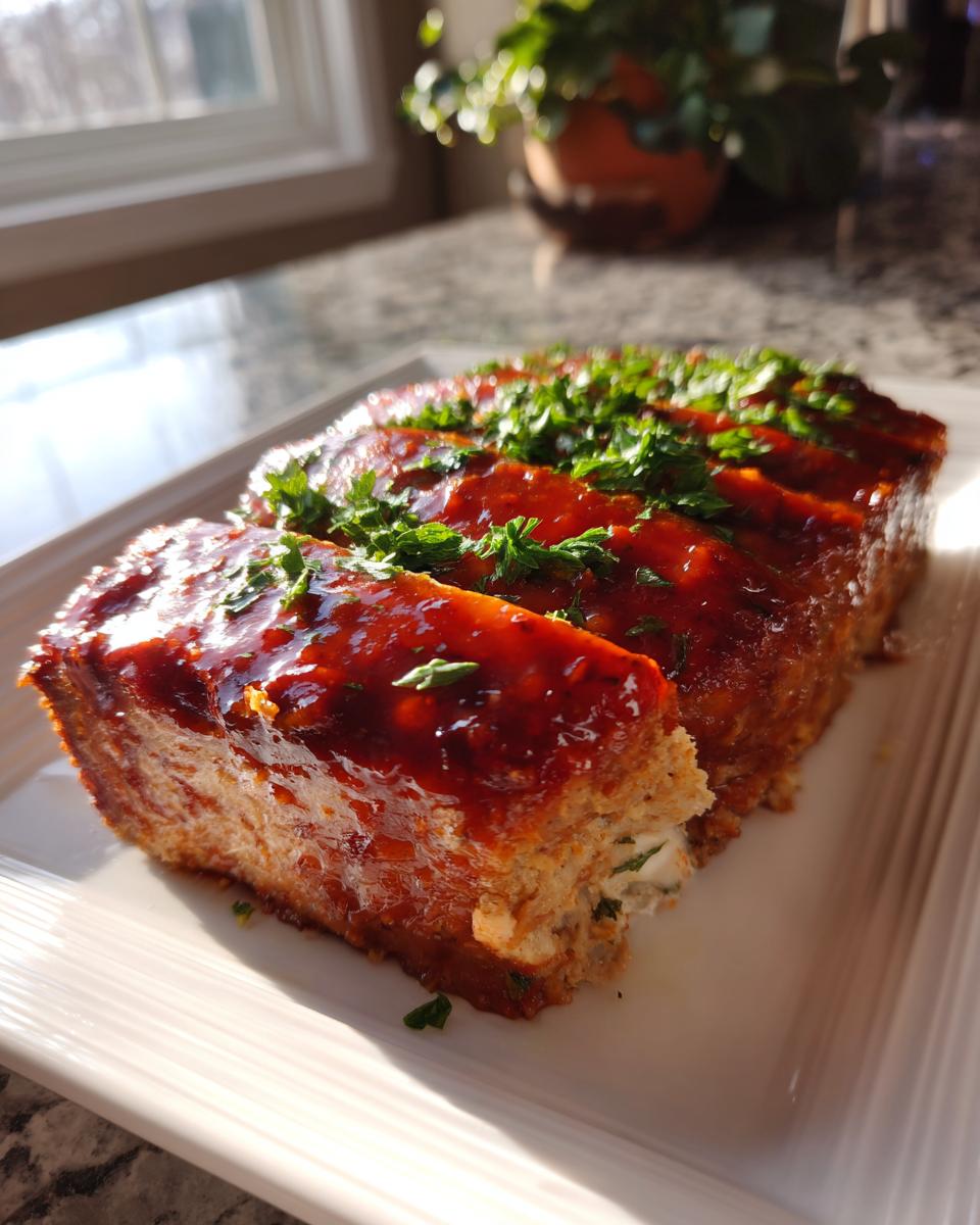 A close-up of sliced Garlic Parmesan Chicken Meatloaf topped with a glossy glaze and fresh parsley.