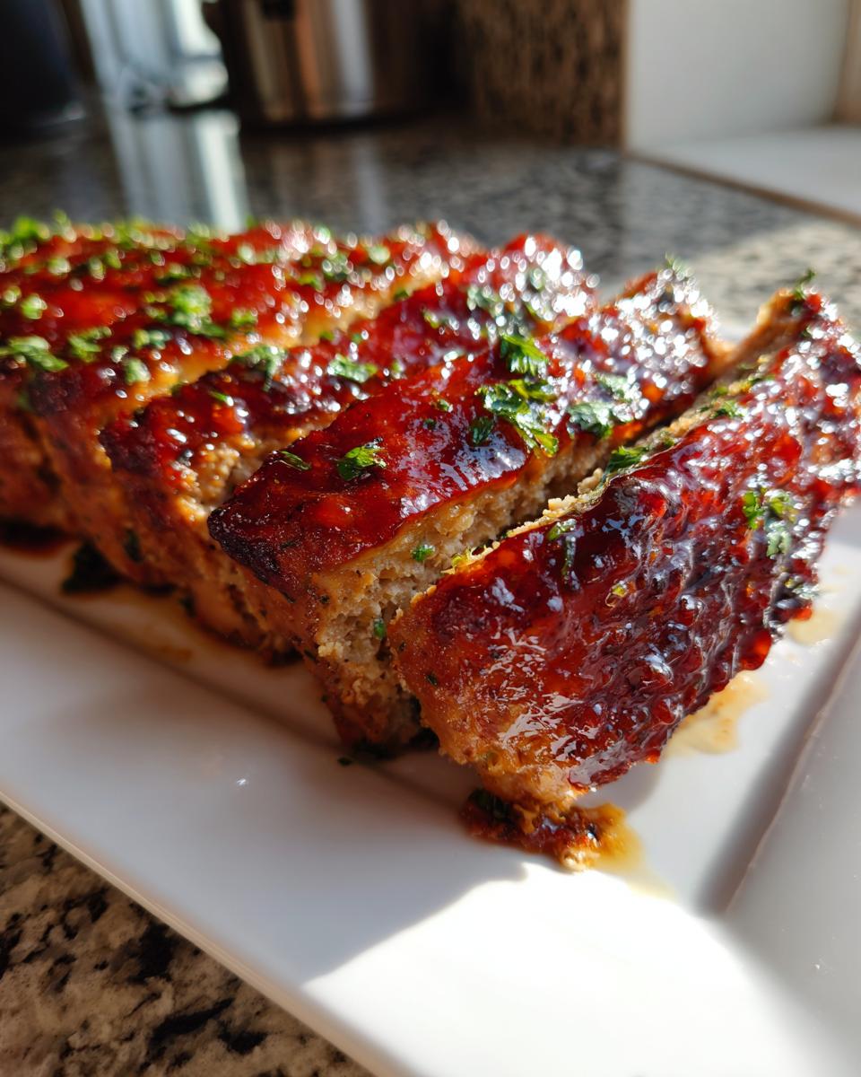 A close-up of sliced Garlic Parmesan Chicken Meatloaf, topped with a glossy glaze and fresh parsley.