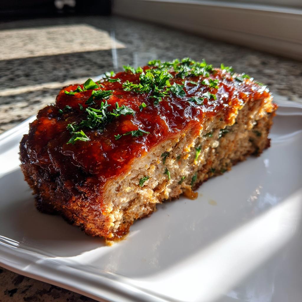 A slice of moist Garlic Parmesan Chicken Meatloaf topped with a glossy glaze and fresh parsley.