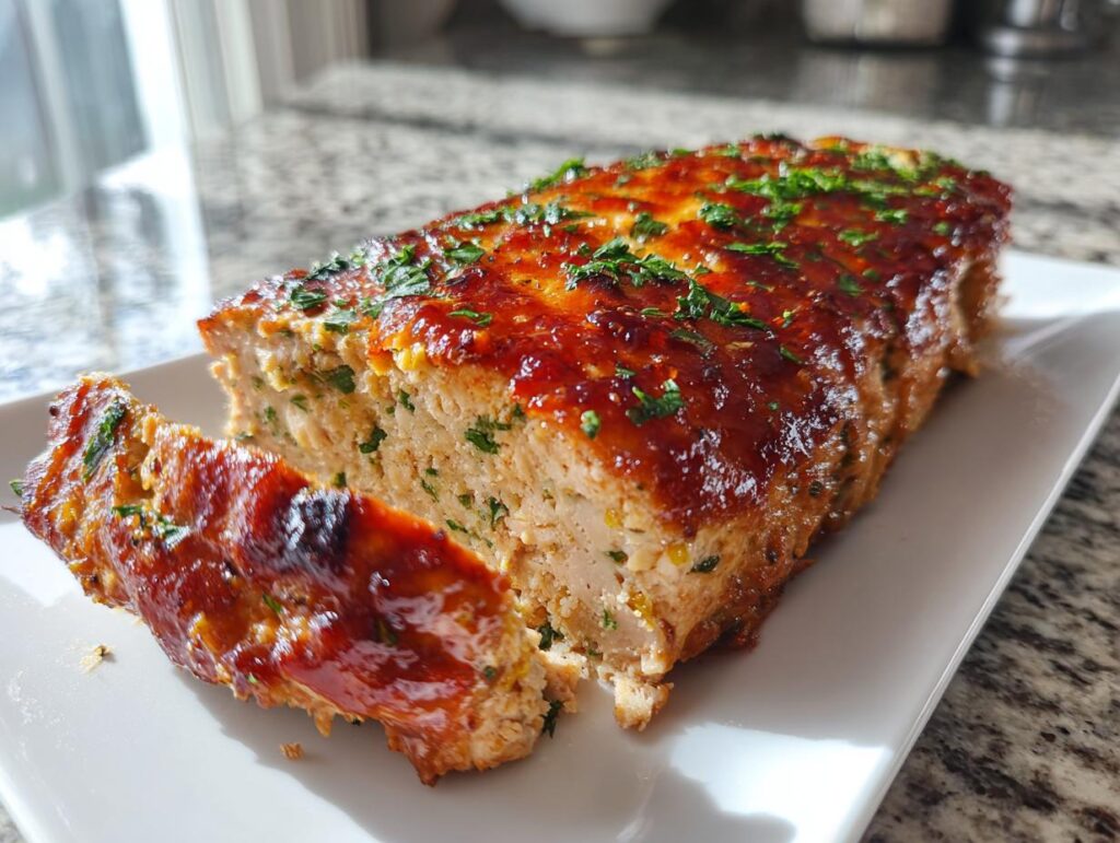 A slice of Garlic Parmesan Chicken Meatloaf topped with a glossy glaze and fresh parsley.