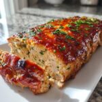 A slice of Garlic Parmesan Chicken Meatloaf topped with a glossy glaze and fresh parsley.