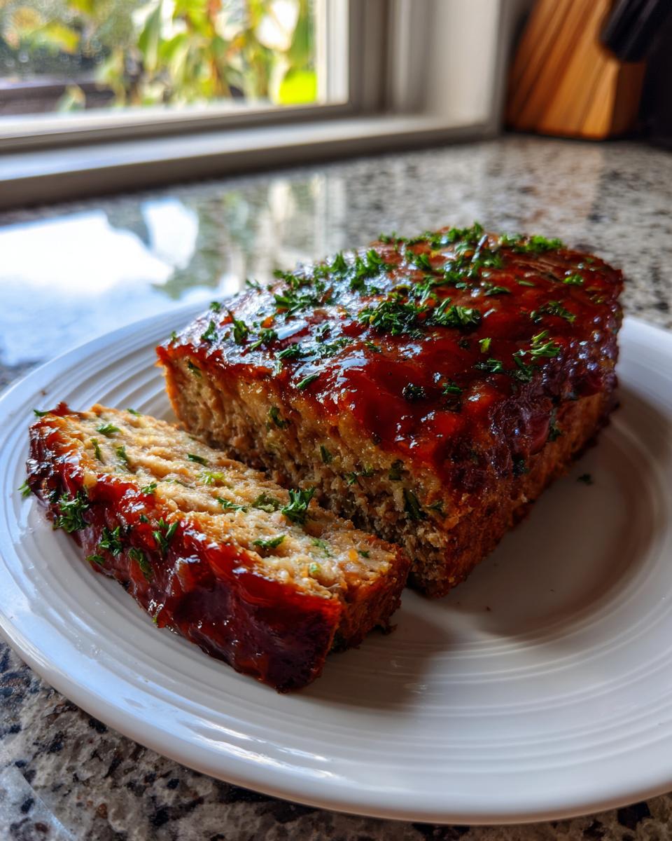 A slice of Garlic Parmesan Chicken Meatloaf glazed with sauce and topped with parsley on a white plate.