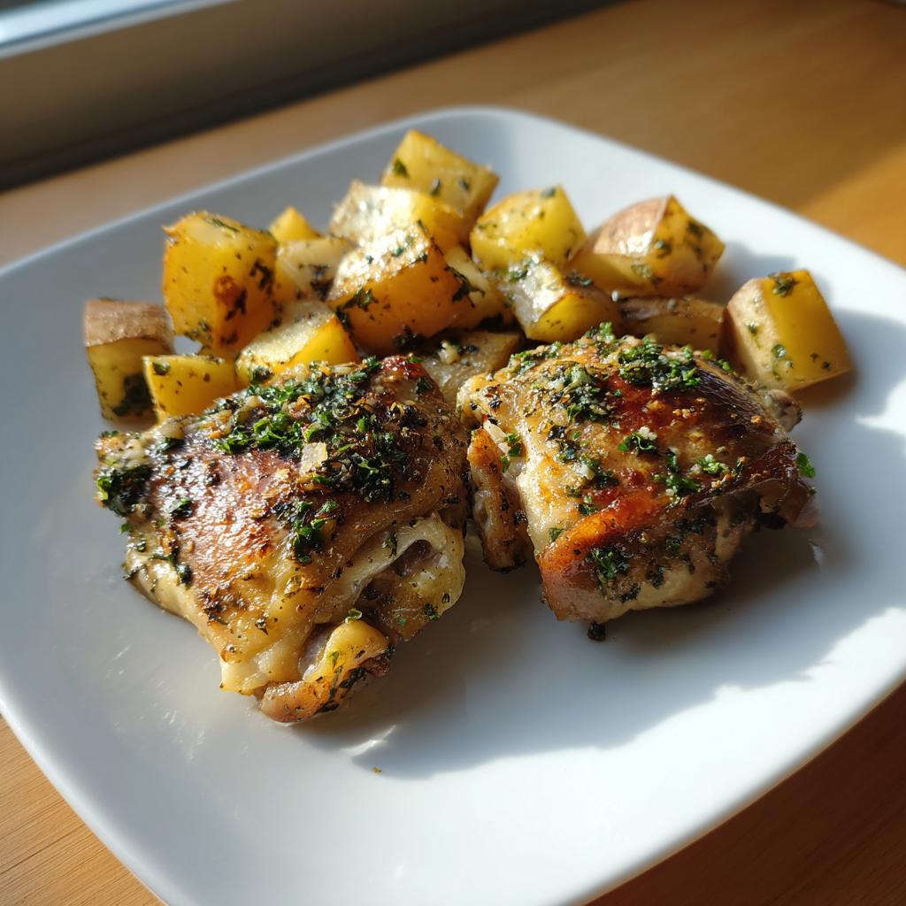 Two juicy Garlic Parmesan Chicken Thighs served with roasted potatoes, garnished with fresh herbs.