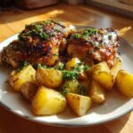 A plate of golden-brown Garlic Parmesan Chicken Thighs and Potatoes, garnished with fresh parsley.