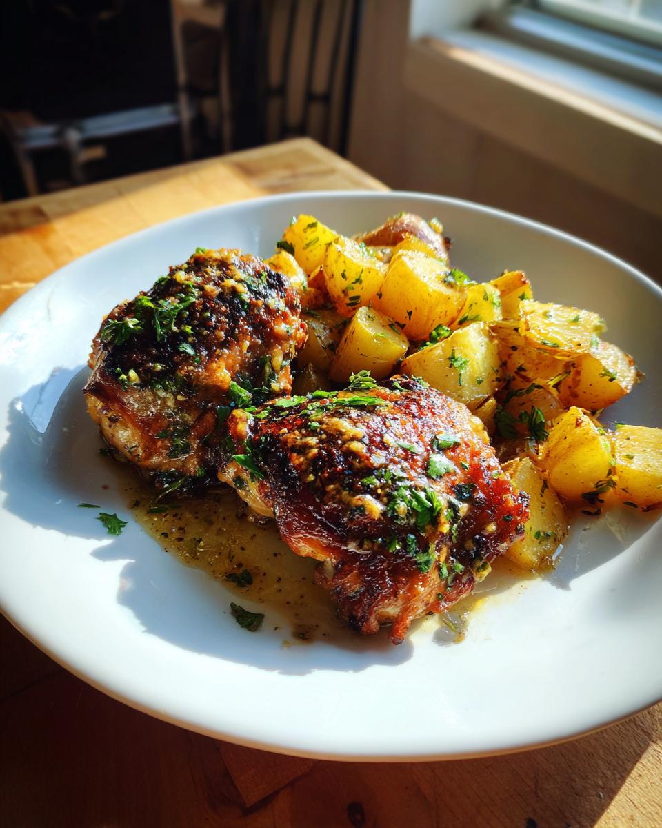 Two juicy Garlic Parmesan Chicken Thighs served with golden roasted potatoes, garnished with fresh parsley.