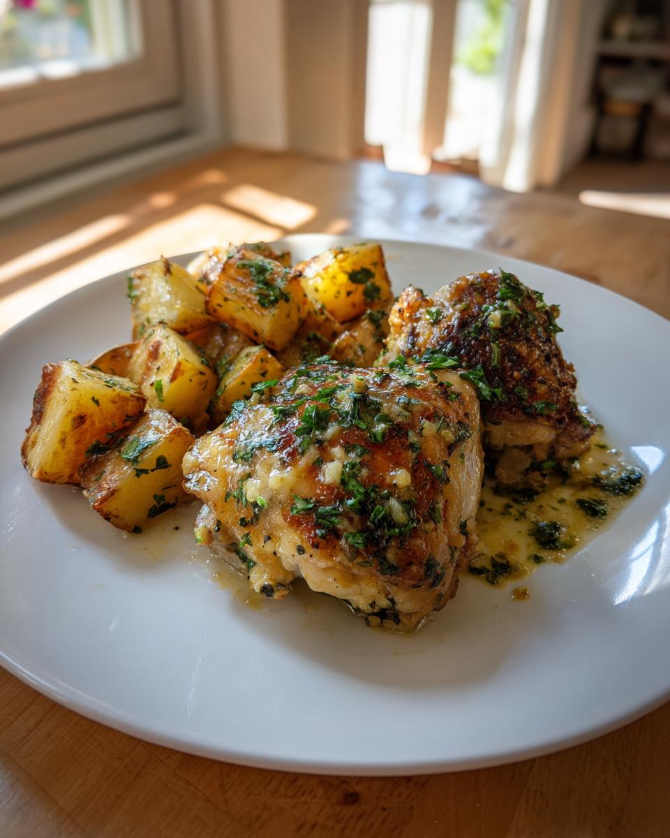 A plate of Garlic Parmesan Chicken Thighs and Potatoes, garnished with fresh parsley.