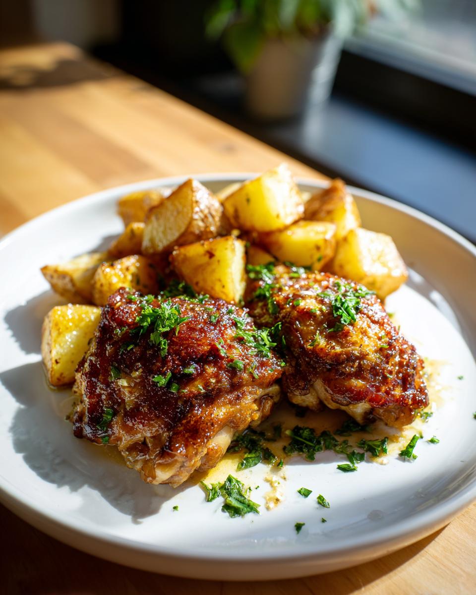Close-up of Garlic Parmesan Chicken Thighs and Potatoes, garnished with fresh parsley.