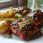 A close-up of juicy Garlic Parmesan Chicken Thighs and Potatoes, garnished with fresh parsley.