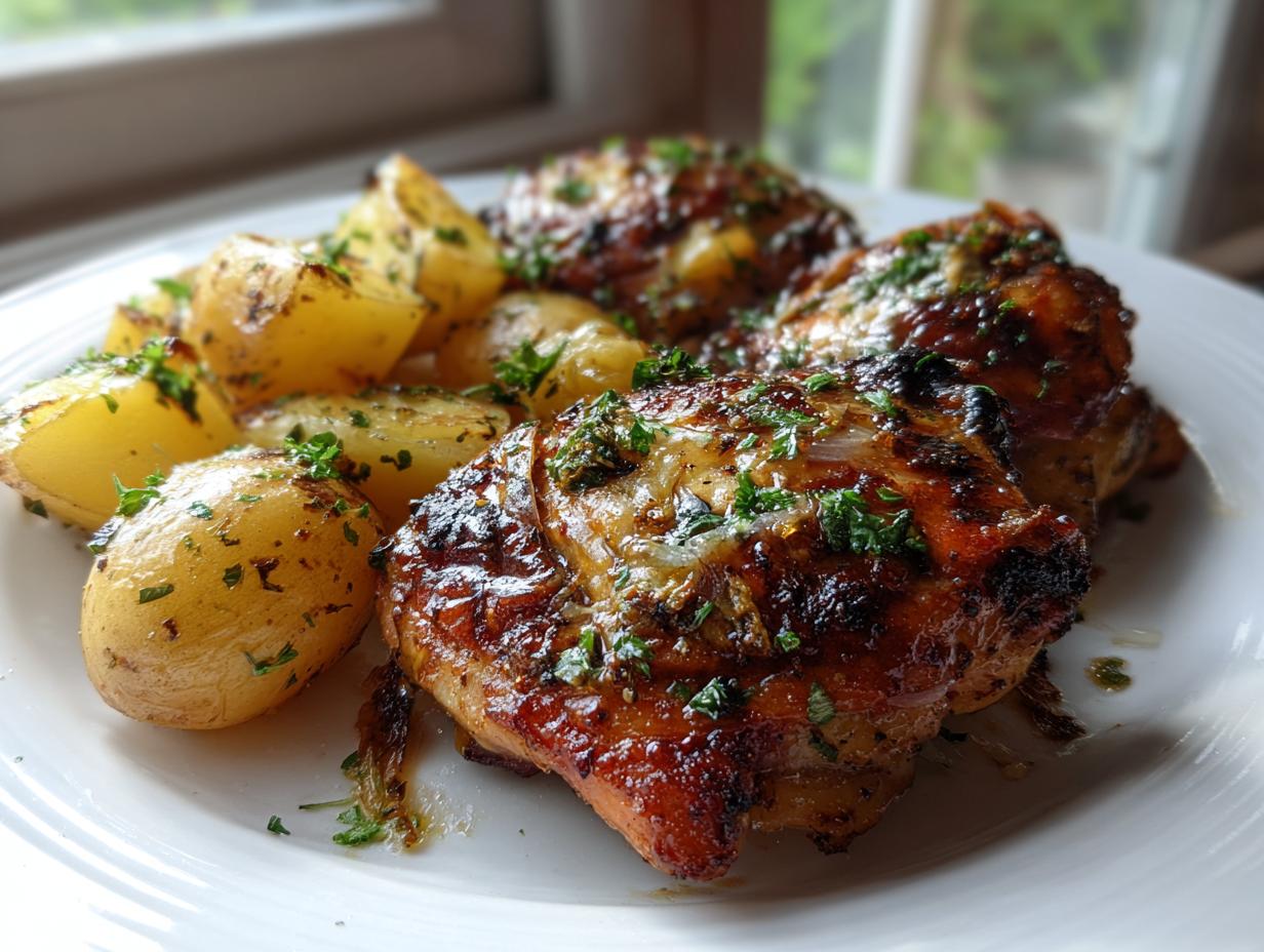 A close-up of juicy Garlic Parmesan Chicken Thighs and Potatoes, garnished with fresh parsley.