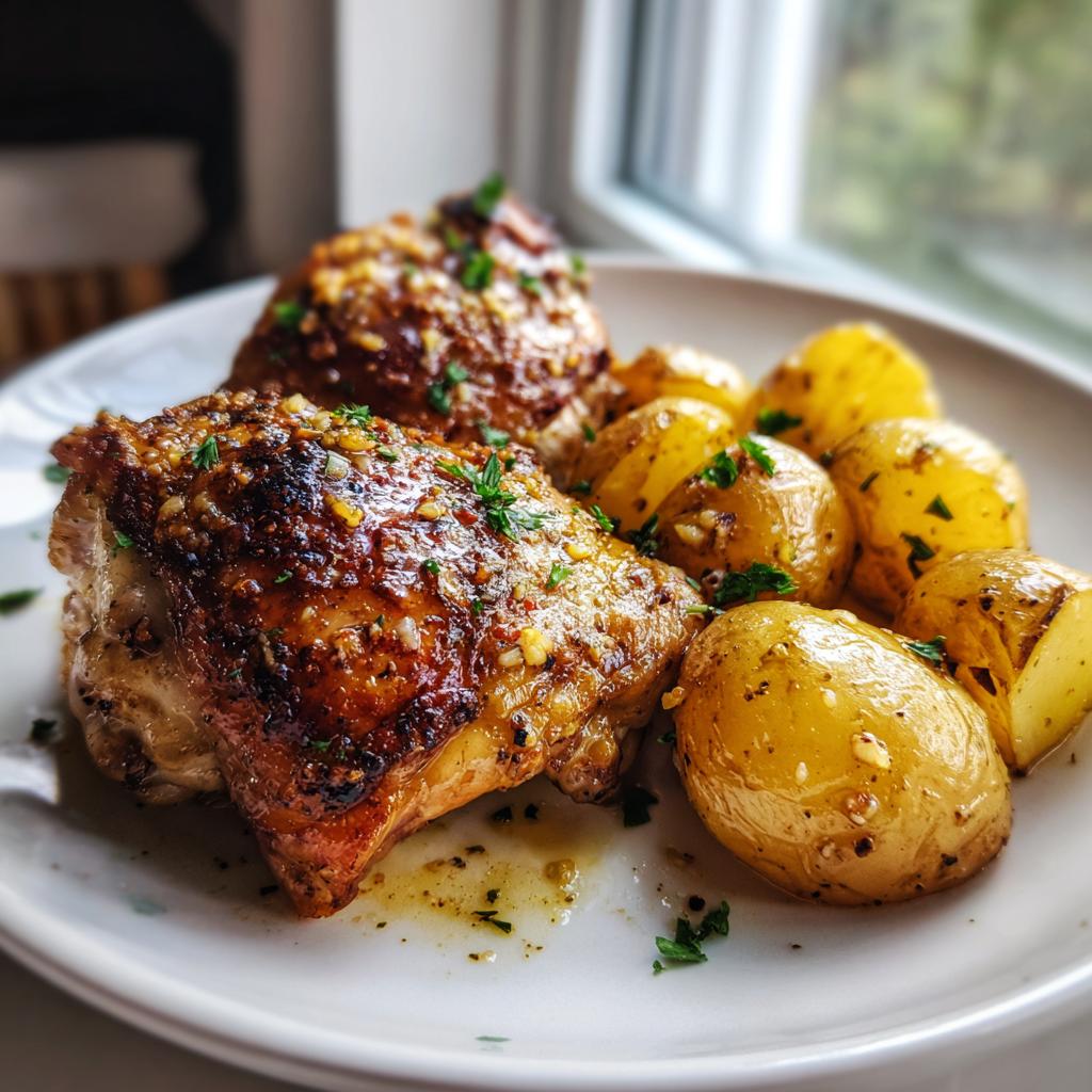 A plate of golden-brown Garlic Parmesan Chicken Thighs and Potatoes, garnished with fresh parsley.