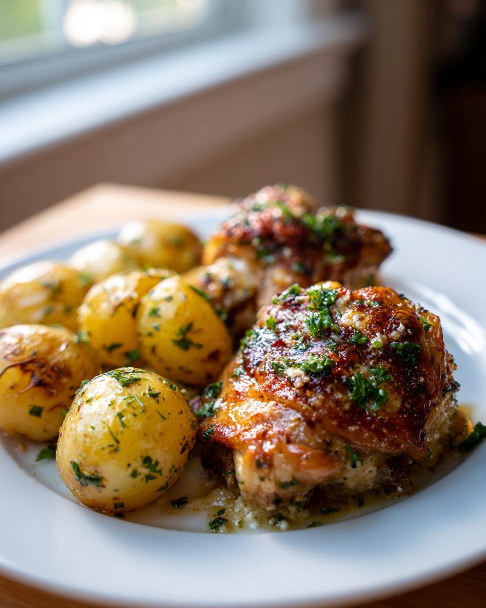A close-up shot of golden-brown Garlic Parmesan Chicken Thighs and Potatoes, garnished with fresh parsley.