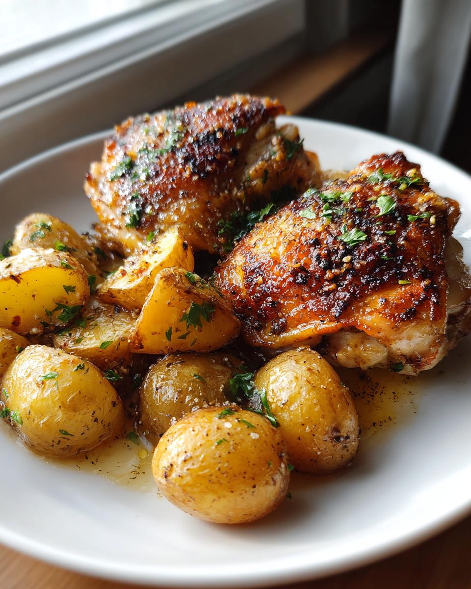 Close-up of golden-brown Garlic Parmesan Chicken Thighs and Potatoes seasoned with herbs.