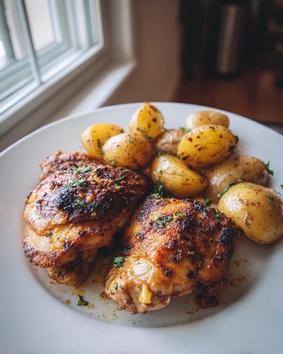A white plate filled with golden brown Garlic Parmesan Chicken Thighs and roasted baby potatoes, garnished with parsley.