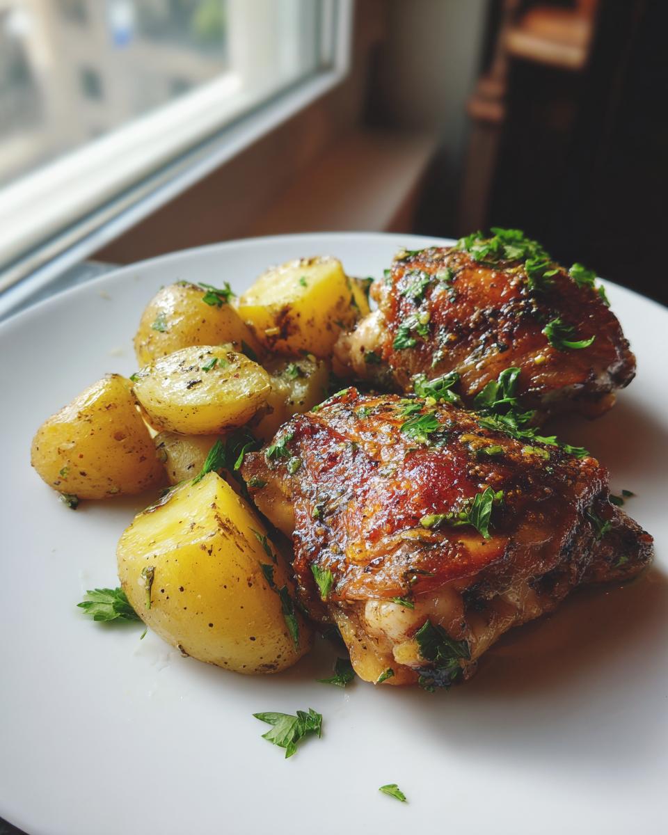 A close-up of Garlic Parmesan Chicken Thighs and Potatoes seasoned with herbs on a white plate.