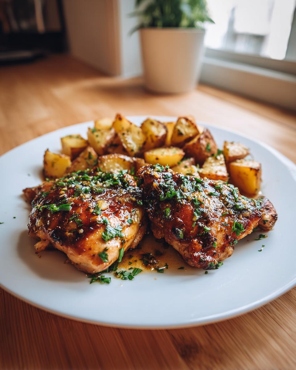 A white plate filled with Garlic Parmesan Chicken Thighs and Potatoes, garnished with chopped parsley.