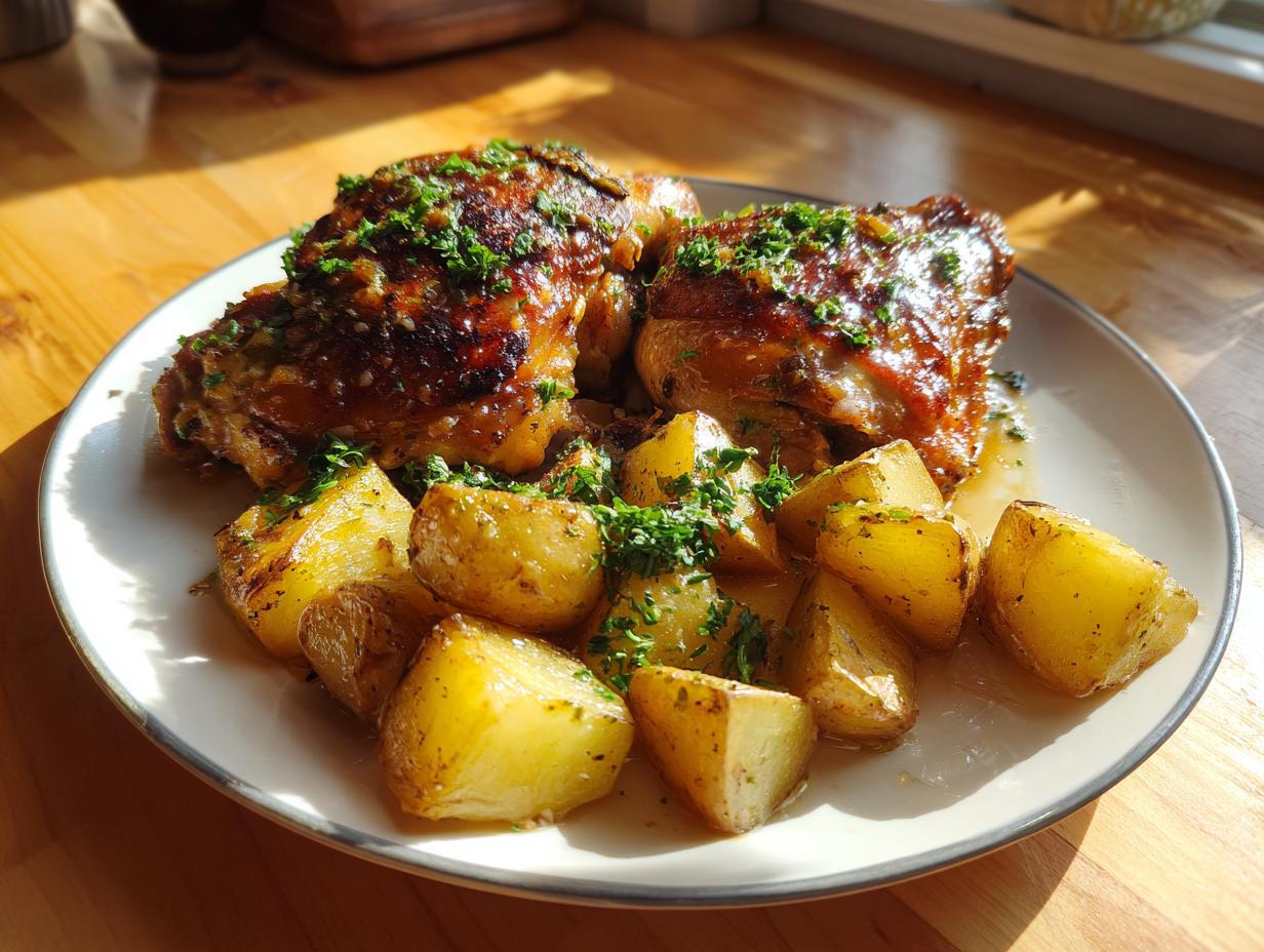 A plate of golden-brown Garlic Parmesan Chicken Thighs and Potatoes, garnished with fresh parsley.