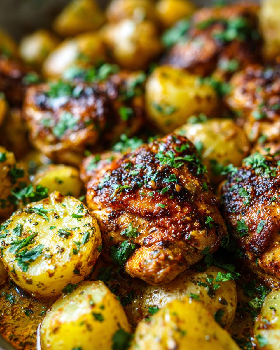 Close-up of juicy chicken breast pieces with roasted potatoes, seasoned and garnished with fresh parsley.