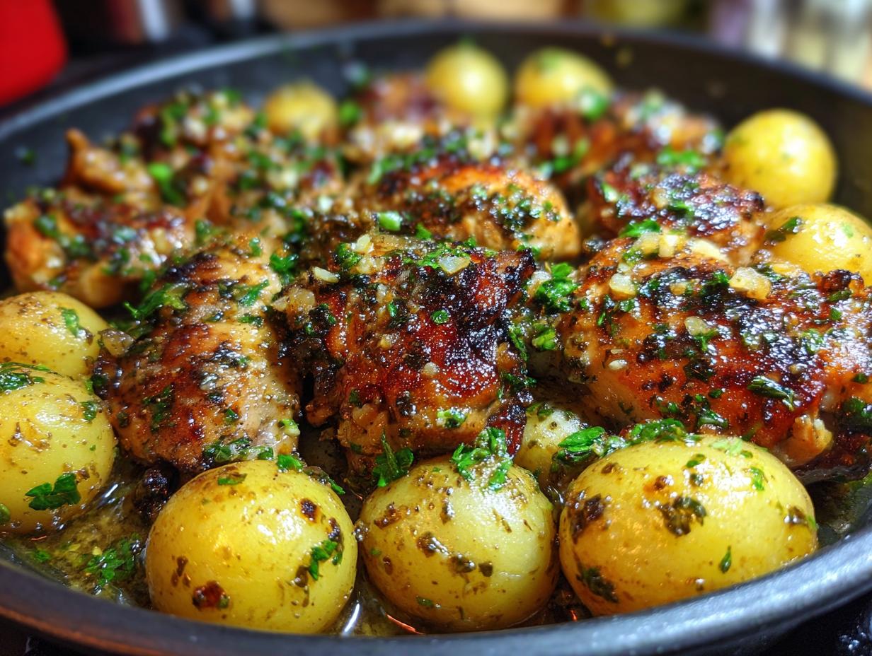 Close-up of golden-brown chicken breast pieces and small roasted potatoes seasoned with garlic and herbs.