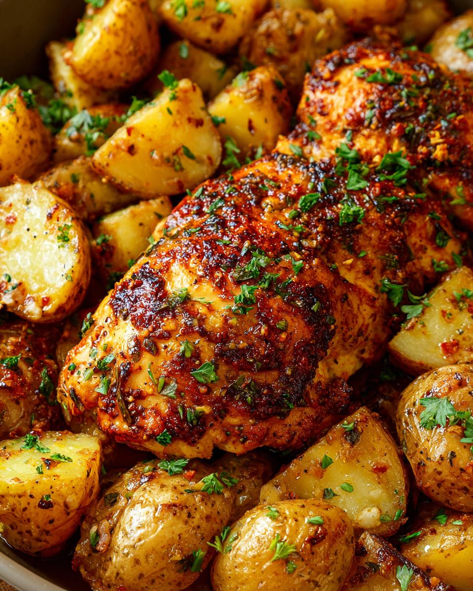 Close-up of baked Garlic Ranch Chicken and Potatoes, seasoned with herbs and spices.