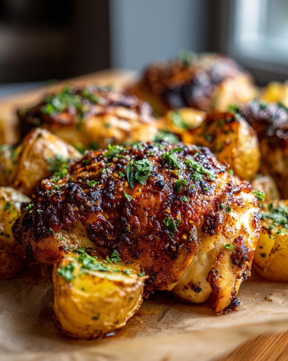 Close-up of baked chicken breast with crispy skin, surrounded by roasted potato wedges, garnished with fresh parsley. A delicious dish from chicken breast recipes.