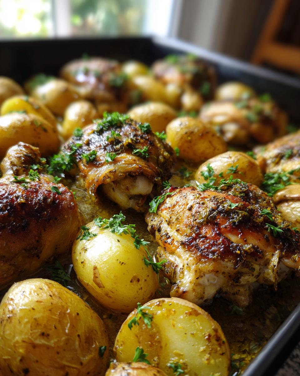 Close-up of roasted chicken pieces and small potatoes seasoned with herbs and garlic, a dish from Chicken Breast Recipes for Garlic Ranch Chicken and Potatoes.
