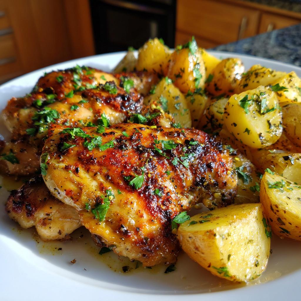 Close-up of juicy Garlic Ranch Chicken Breast Recipes with roasted potatoes, garnished with fresh parsley.