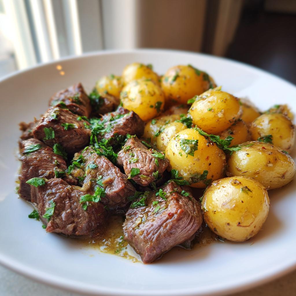 A close-up of tender garlic steak bites served with golden roasted potatoes, garnished with fresh parsley.
