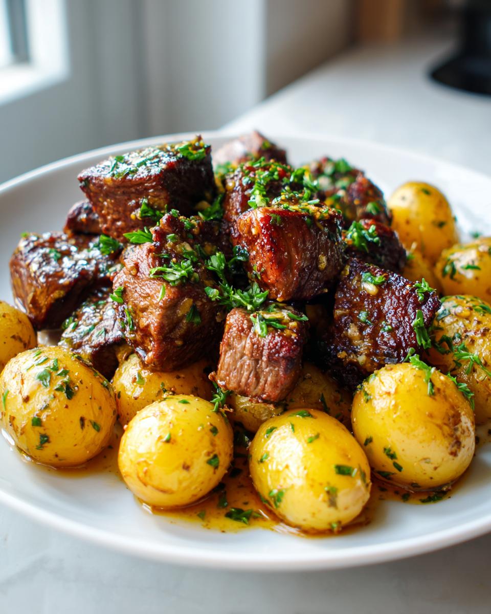 Juicy garlic steak bites piled high with roasted potatoes, garnished with fresh parsley.