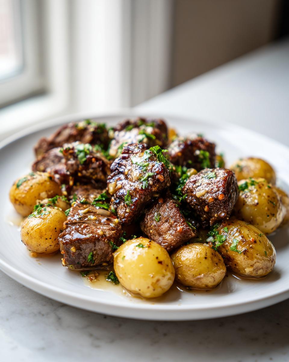 A close-up of The best Garlic Steak Bites and Potatoes Recipe, featuring tender steak cubes and small roasted potatoes.
