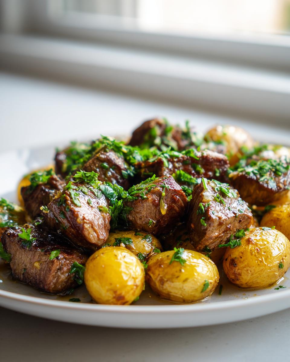A close-up of delicious garlic steak bites and golden potatoes, generously sprinkled with fresh parsley.