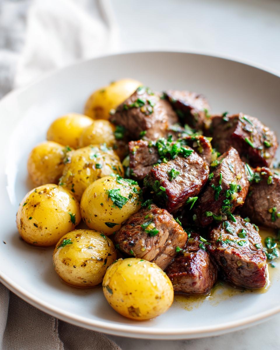Close-up of tender garlic steak bites and small roasted potatoes, garnished with fresh parsley.