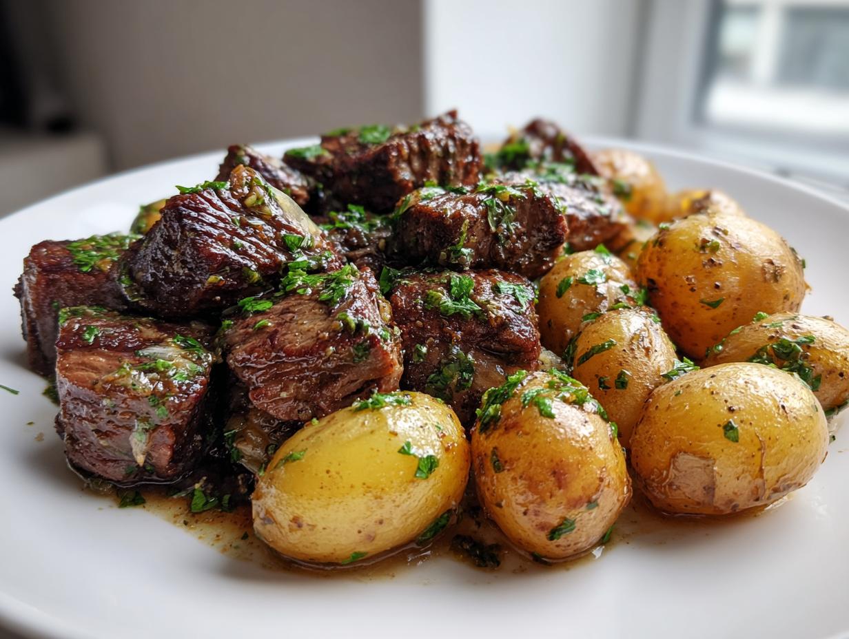 Close-up of juicy garlic steak bites piled high with tender baby potatoes, garnished with fresh parsley.