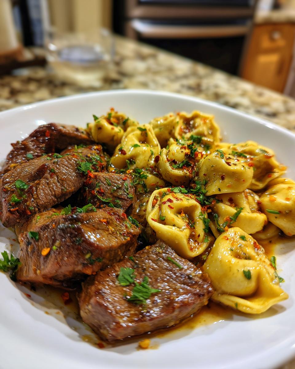A close-up of a white bowl filled with Garlic Steak Tortellini, featuring tender steak pieces and cheese tortellini in a savory sauce, garnished with parsley and chili flakes.