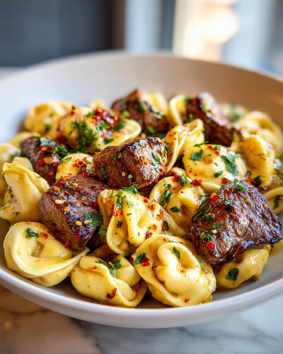 A close-up of a bowl of Garlic Steak Tortellini, featuring tender steak bites and pasta, garnished with parsley and chili flakes.