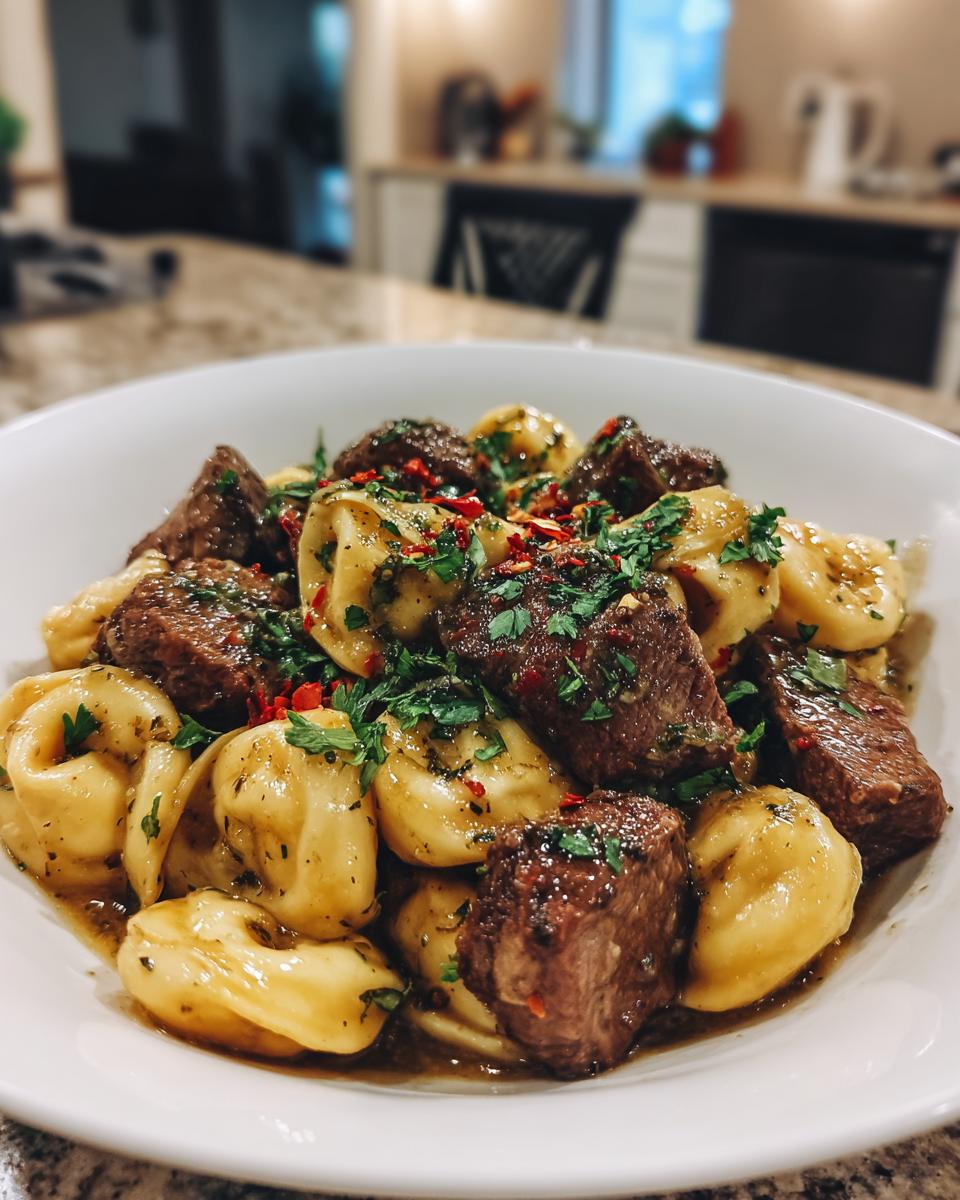 A close-up of Garlic Steak Tortellini in a white bowl, garnished with fresh parsley and red chili flakes.