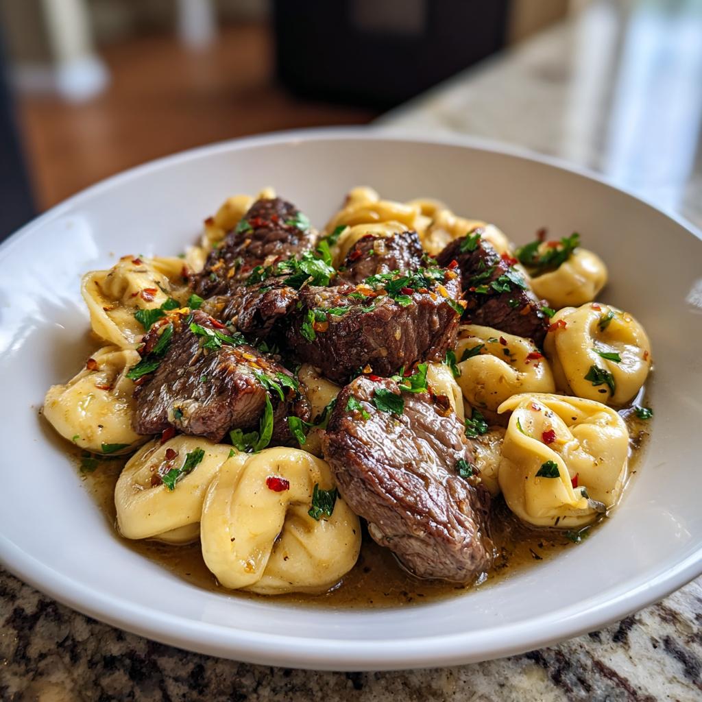 A close-up of a bowl filled with Garlic Steak Tortellini, featuring tender steak pieces and pasta in a savory sauce, garnished with parsley and chili flakes.