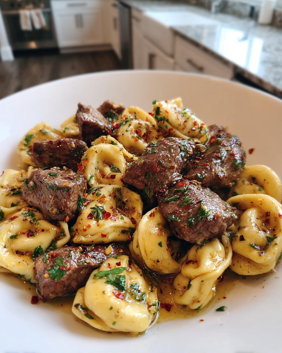 A close-up of a white bowl filled with Garlic Steak Tortellini, garnished with herbs and red pepper flakes.