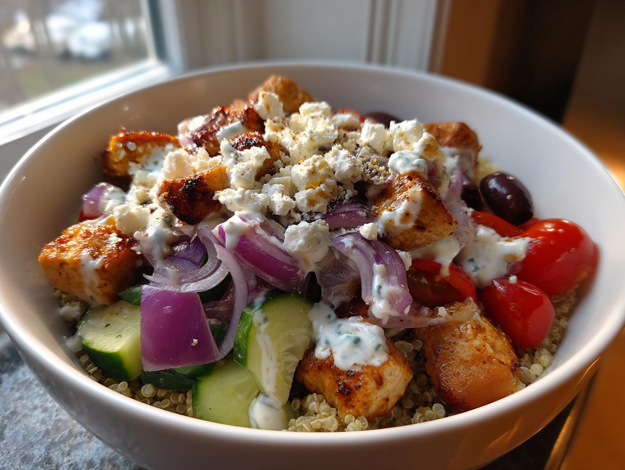 A vibrant bowl of Greek Chicken Bowls featuring grilled chicken, quinoa, cucumber, red onion, tomatoes, olives, and feta cheese.