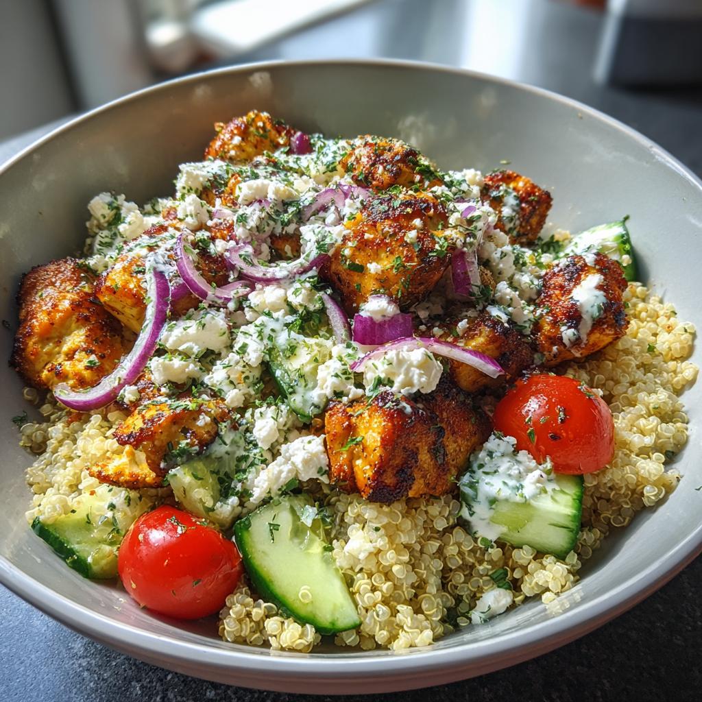 A delicious bowl of Greek Chicken Bowls with quinoa, grilled chicken, cucumber, tomatoes, feta, and red onion.
