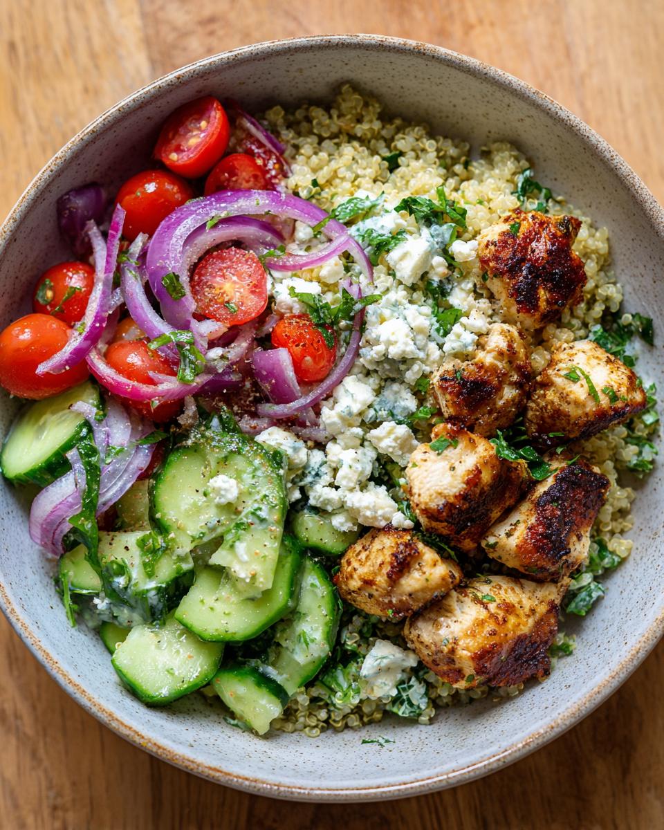 A vibrant bowl filled with Greek Chicken Bowls, featuring quinoa, grilled chicken, cucumbers, tomatoes, red onion, and feta cheese.