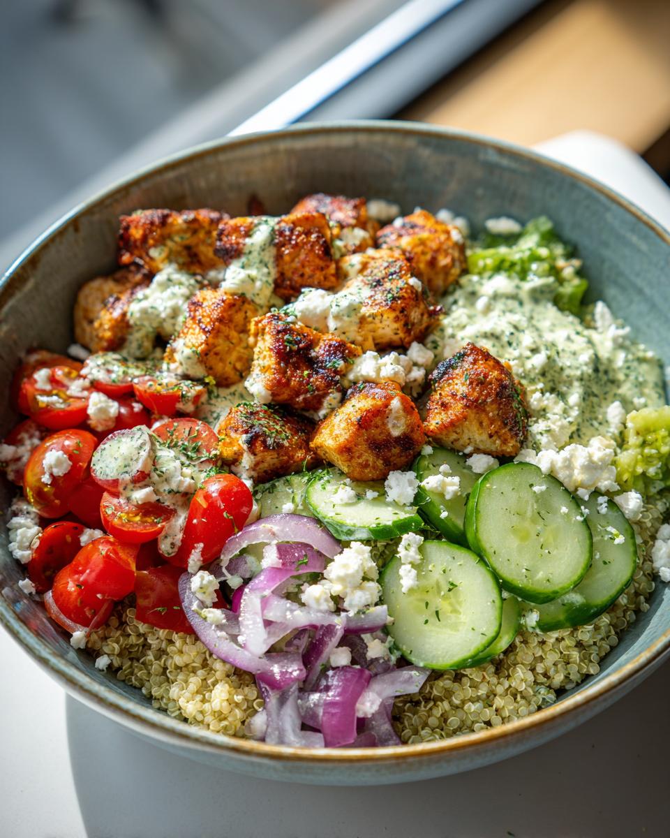 A colorful Greek Chicken Bowl with grilled chicken, quinoa, cherry tomatoes, cucumber, red onion, feta cheese, and tzatziki sauce.
