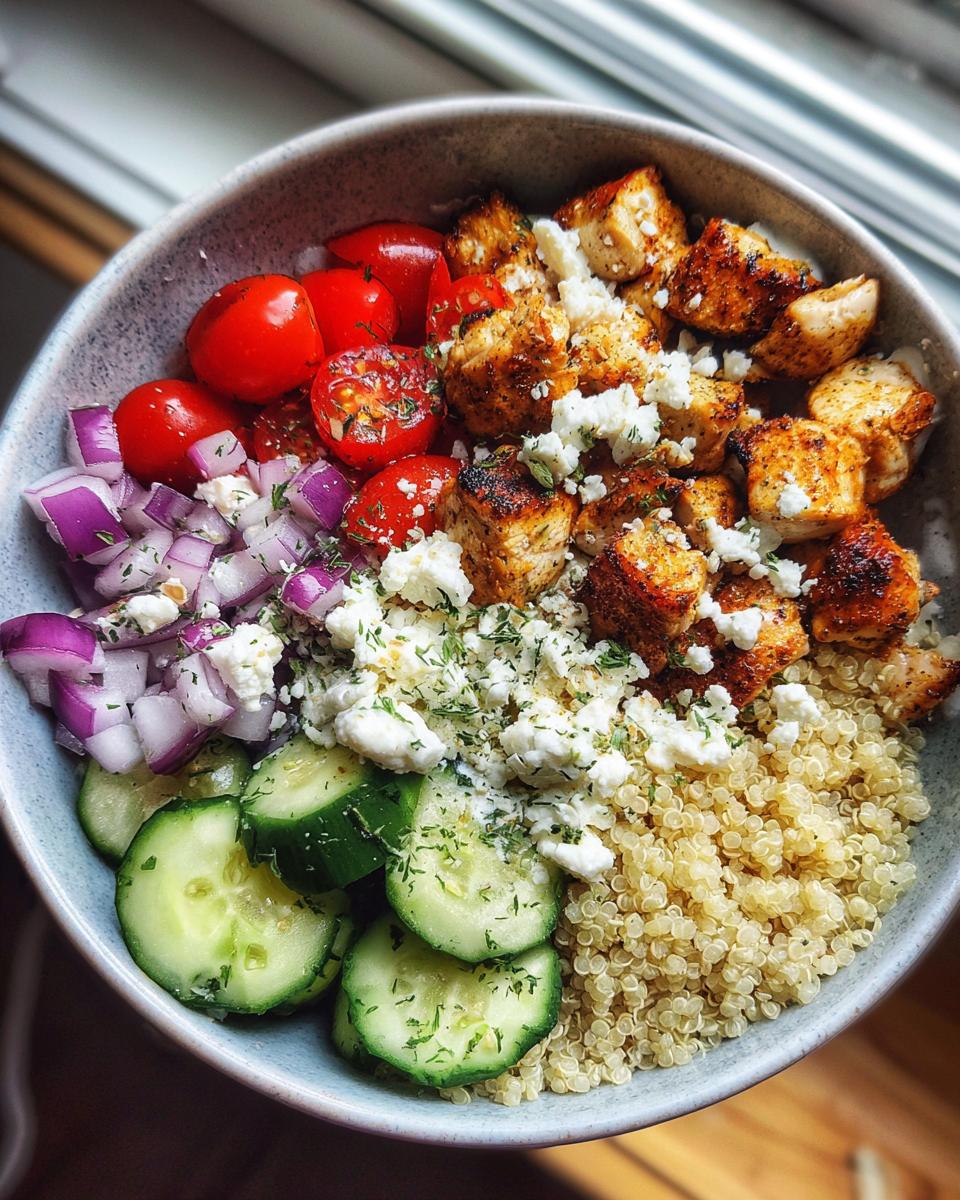 A delicious bowl of Greek Chicken Bowls with quinoa, cucumber, tomatoes, red onion, feta, and seasoned chicken.